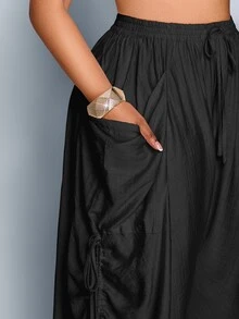 SOLERSUN Plus Size Women's Solid Color Waist Tie Pocket Wide Leg Loose Casual Pants Fall - Black - View 6
