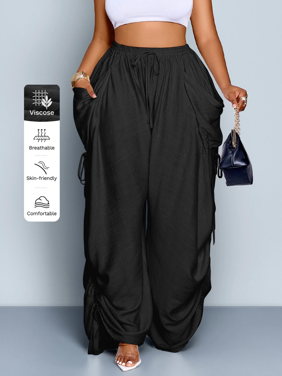 SOLERSUN Plus Size Women's Solid Color Waist Tie Pocket Wide Leg Loose Casual Pants Fall - Black - View 1