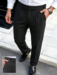 Manfinity Mode Men's Classic Black Double Pleated Wrinkle-Resistant Crisp High-End Drape Tapered Suit Pants Urban Commute Versatile Premium Casual Trousers - Black - View 5