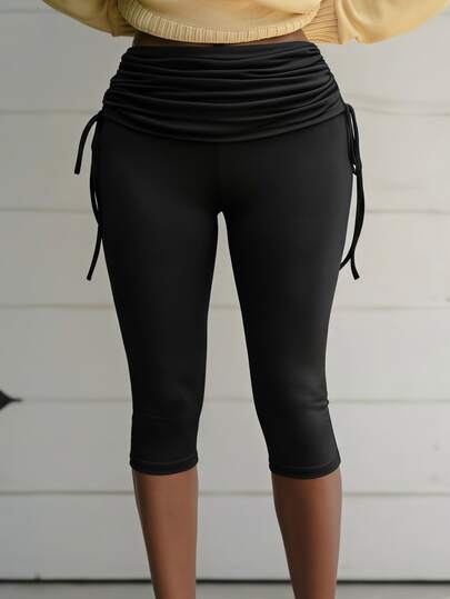 SHEIN SXY Women's New Black Drawstring Ruched Waist 3/4 Length Pants
