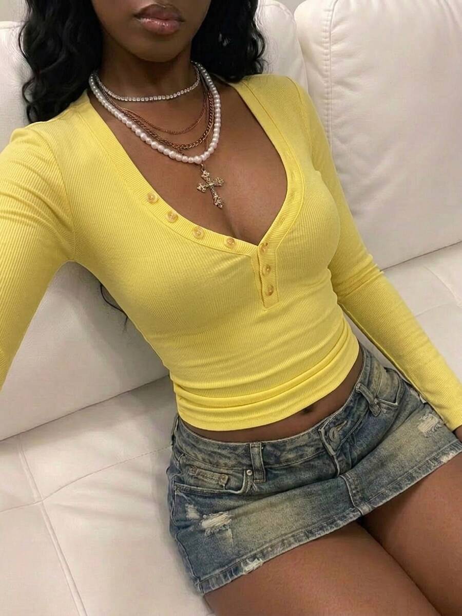 StreetHx Women's Spring/Autumn Ribbed Knit Sexy Slim Fit Flattering Low Neck Collar Button Decor Long Sleeve T-Shirt - Yellow - View 1