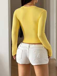 StreetHx Women's Spring/Autumn Ribbed Knit Sexy Slim Fit Flattering Low Neck Collar Button Decor Long Sleeve T-Shirt - Yellow - View 2