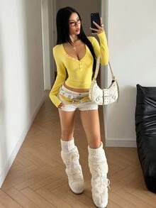 StreetHx Women's Spring/Autumn Ribbed Knit Sexy Slim Fit Flattering Low Neck Collar Button Decor Long Sleeve T-Shirt - Yellow - View 6