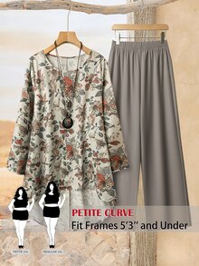 SHEIN PETITE CURVE Plus Size Vacation Casual Floral Print Shirt & Solid Color Pants 2-Piece Set - Multicolor - View 7