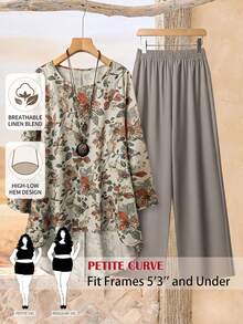 SHEIN PETITE CURVE Plus Size Vacation Casual Floral Print Shirt & Solid Color Pants 2-Piece Set - Multicolor - View 1