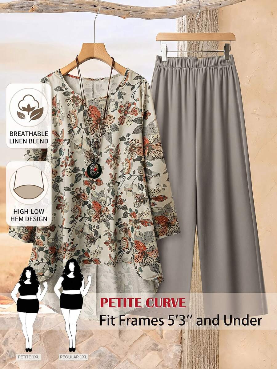 SHEIN PETITE CURVE Plus Size Vacation Casual Floral Print Shirt & Solid Color Pants 2-Piece Set - Multicolor - View 1