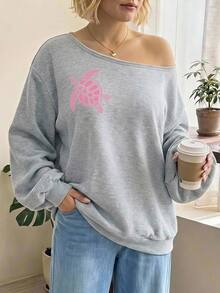SHEIN CURVE+ 大尺碼女款露肩寬鬆休閒長袖衛衣，海龜印花，極簡風，秋冬款，不對稱肩部印花，淺灰色 - 灰色 - 查看 1
