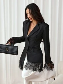 SHEIN PETITE Jaket Blazer Wanita Gaya Korea dengan Hiasan Renda dan Kancing untuk Kantor - Hitam - View 4