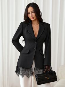 SHEIN PETITE Jaket Blazer Wanita Gaya Korea dengan Hiasan Renda dan Kancing untuk Kantor - Hitam - View 3
