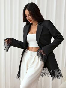 SHEIN PETITE Jaket Blazer Wanita Gaya Korea dengan Hiasan Renda dan Kancing untuk Kantor - Hitam - View 7
