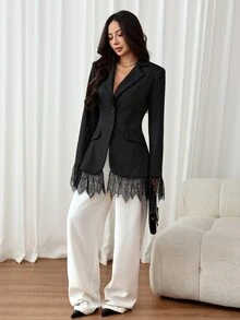 SHEIN PETITE Jaket Blazer Wanita Gaya Korea dengan Hiasan Renda dan Kancing untuk Kantor - Hitam - View 5