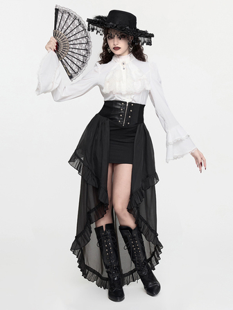 Goth Gonna da donna in organza con vita alta, fascia in PU, stile gotico da corte, pizzo e orlo asimmetrico