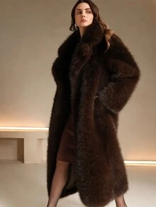 Anewsta 新款秋冬时尚仿狐狸毛边饰长款大衣，优雅女士毛领和袖口蓬松大衣 - 咖啡棕 - 查看 3