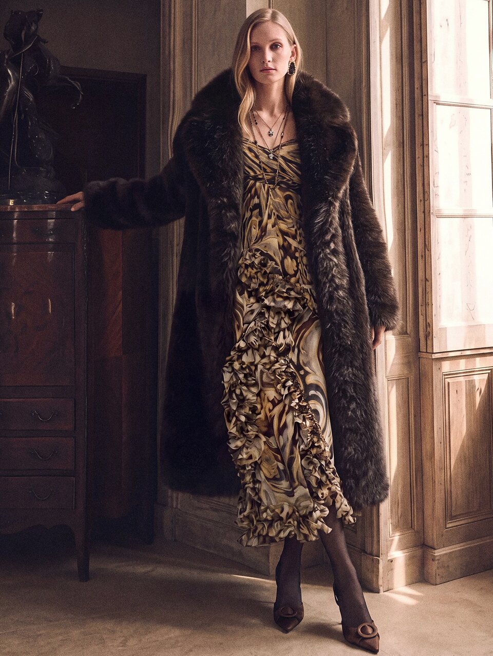 Anewsta Women's Casual Coffee Brown Faux Fur Midi Coat With Lapel And Long Sleeves