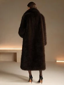 Anewsta 新款秋冬时尚仿狐狸毛边饰长款大衣，优雅女士毛领和袖口蓬松大衣 - 咖啡棕 - 查看 2