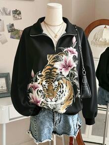 Lalippa Women's Tiger & Floral Print Zip-Up Half-Placket Long Sleeve Casual Sweatshirt - Multicolor - View 1
