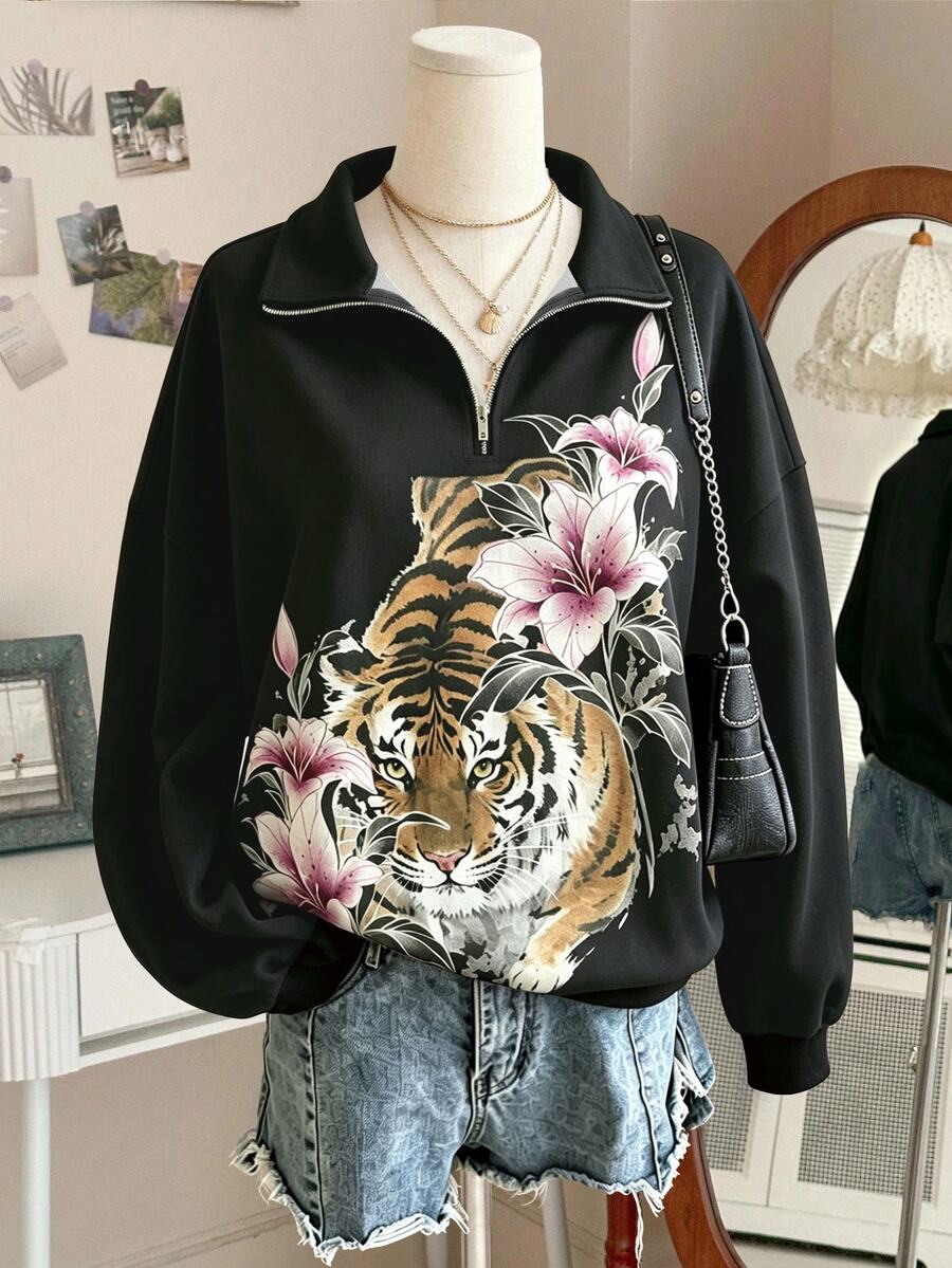 Lalippa Women's Tiger & Floral Print Zip-Up Half-Placket Long Sleeve Casual Sweatshirt - Multicolor - View 1