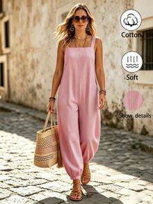 Ceyna Plus Size New Red And White Vertical Striped Cotton Linen Overall Jumpsuit, OutfitComfortable Skin-Friendly Cotton Linen Fabric - Pink - View 2