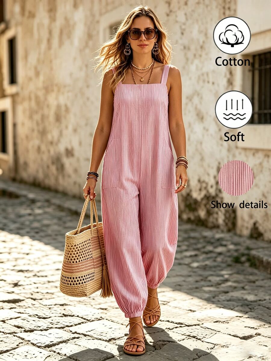 Ceyna Plus Size New Red And White Vertical Striped Cotton Linen Overall Jumpsuit, OutfitComfortable Skin-Friendly Cotton Linen Fabric
