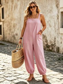 Ceyna Plus Size New Red And White Vertical Striped Cotton Linen Overall Jumpsuit, OutfitComfortable Skin-Friendly Cotton Linen Fabric - Pink - View 4