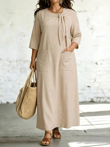 SHEIN LUNE CURVE Plus Size Women's Solid Color Cotton Tie Neck Pocket Short Sleeve Casual Vacation Long Dress, Spring/Autumn Fall - Apricot - View 5