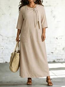 SHEIN LUNE CURVE Plus Size Women's Solid Color Cotton Tie Neck Pocket Short Sleeve Casual Vacation Long Dress, Spring/Autumn Fall - Apricot - View 7