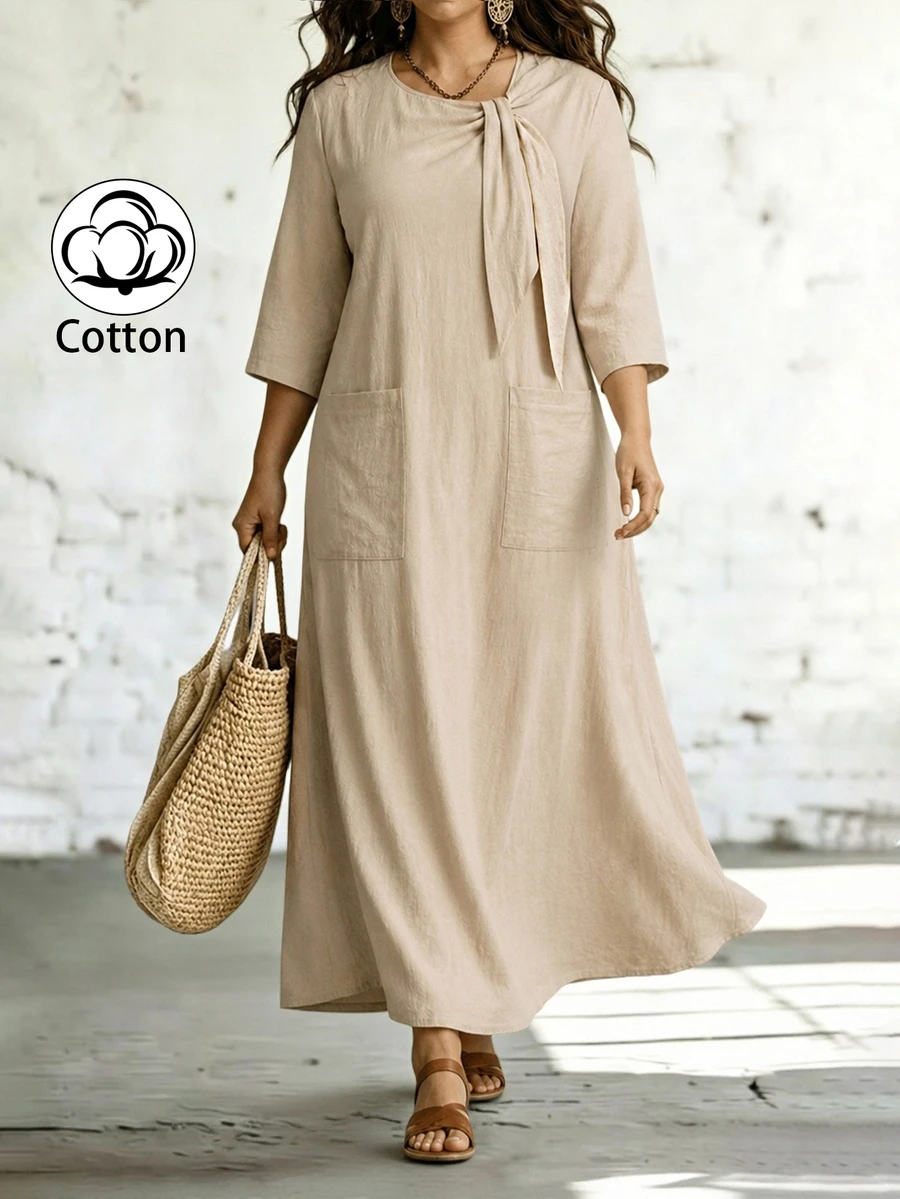 SHEIN LUNE CURVE 大尺碼女款純色棉質綁帶領口袋短袖休閒度假長洋裝,春/秋季 - 杏色 - 查看 1
