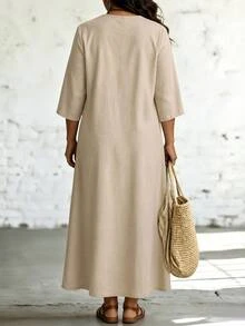 SHEIN LUNE CURVE Plus Size Women's Solid Color Cotton Tie Neck Pocket Short Sleeve Casual Vacation Long Dress, Spring/Autumn Fall - Apricot - View 2