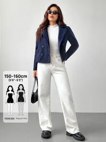 SHEIN PETITE 1pc Women's Autumn/Winter Solid Color Peter Pan Collar Long Sleeve Double-Breasted Short Jacket ,Petite Women - Navy Blue - View 6