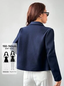 SHEIN PETITE 1pc Women's Autumn/Winter Solid Color Peter Pan Collar Long Sleeve Double-Breasted Short Jacket ,Petite Women - Navy Blue - View 2