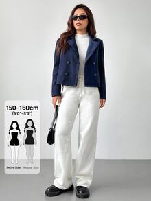 SHEIN PETITE 1pc Women's Autumn/Winter Solid Color Peter Pan Collar Long Sleeve Double-Breasted Short Jacket ,Petite Women - Navy Blue - View 3