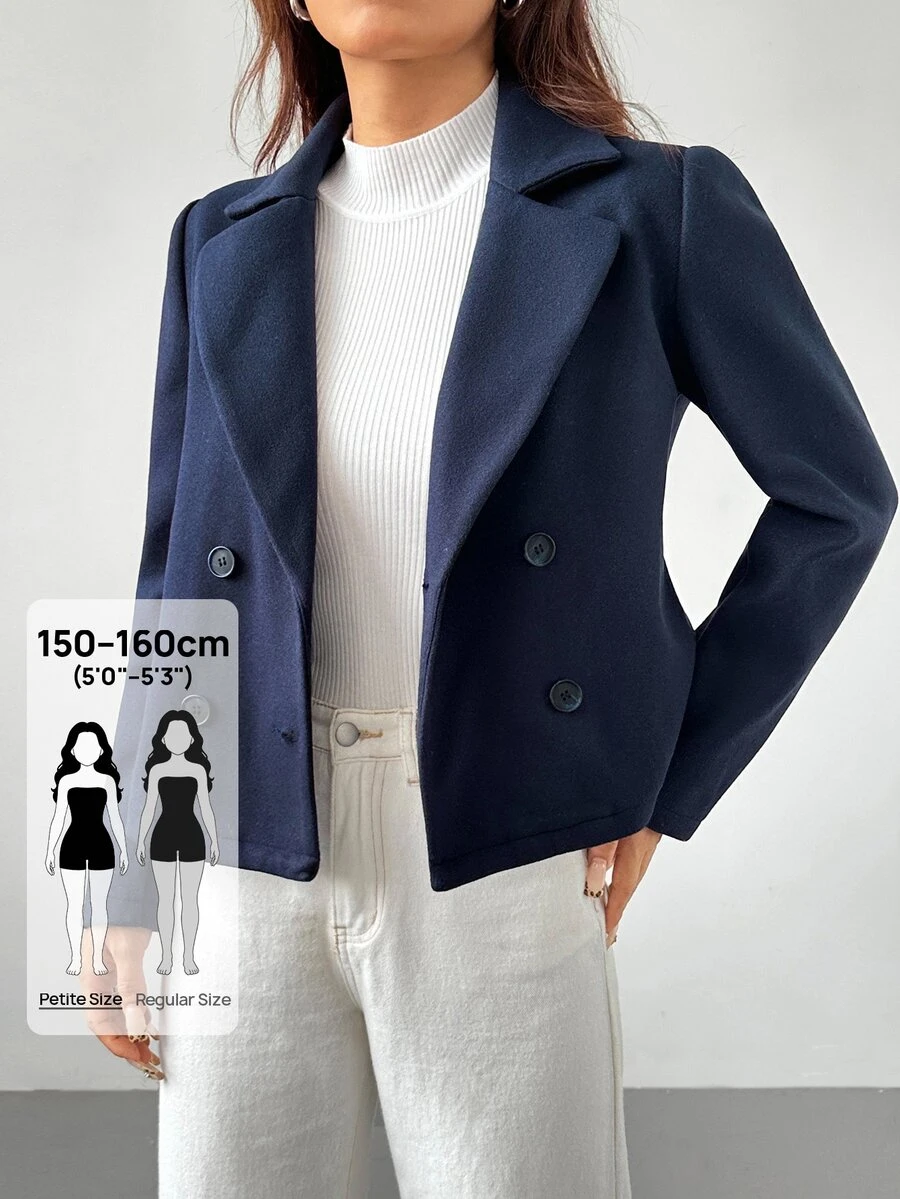 SHEIN PETITE 1pc Women's Autumn/Winter Solid Color Peter Pan Collar Long Sleeve Double-Breasted Short Jacket ,Petite Women - Navy Blue - View 1