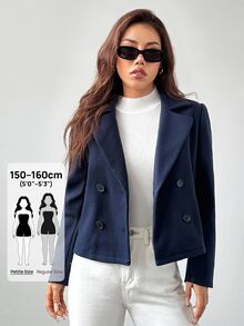 SHEIN PETITE 1pc Women's Autumn/Winter Solid Color Peter Pan Collar Long Sleeve Double-Breasted Short Jacket ,Petite Women - Navy Blue - View 4