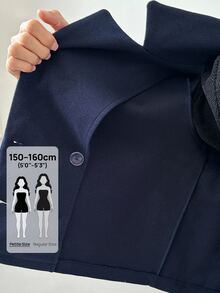 SHEIN PETITE 1pc Women's Autumn/Winter Solid Color Peter Pan Collar Long Sleeve Double-Breasted Short Jacket ,Petite Women - Navy Blue - View 9