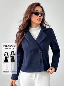 SHEIN PETITE 1pc Women's Autumn/Winter Solid Color Peter Pan Collar Long Sleeve Double-Breasted Short Jacket ,Petite Women - Navy Blue - View 7