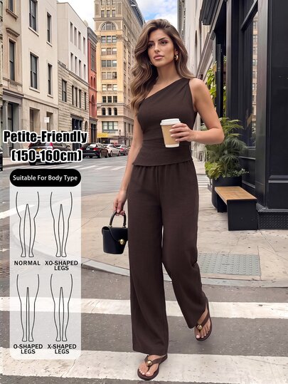 SHEIN PETITE סט 2 חלקים לנשים: טופ עם צוואון אסימטרי ומכנסיים בסגנון רחוב סקסי