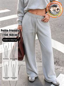 SHEIN PETITE 休閒百搭寬鬆素色運動長褲 - 灰色 - 查看 6