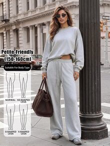 SHEIN PETITE 休閒百搭寬鬆素色運動長褲 - 灰色 - 查看 7