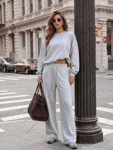 SHEIN PETITE 休閒百搭寬鬆素色運動長褲 - 灰色 - 查看 4