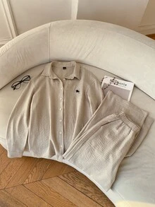 Solflare 大尺碼 2 件套刺繡馬圖案上衣+長褲組合 寬鬆休閒復古鬆垮傳統風格 灰色休閒度假秋季正式 - 卡其色 - 查看 10