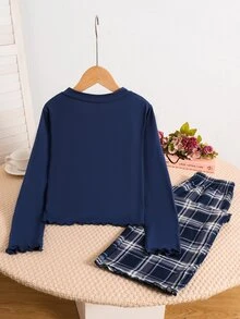 SHEIN 青少年女孩兩件式兒童居家服套裝（純色V領長袖上衣 + 格紋褲），適合秋冬穿著，聖誕節/萬聖節 - 彩色 - 查看 5