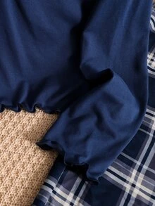 SHEIN 青少年女孩兩件式兒童居家服套裝（純色V領長袖上衣 + 格紋褲），適合秋冬穿著，聖誕節/萬聖節 - 彩色 - 查看 8