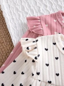 SHEIN Baby Girl Autumn 4-Piece Set | Cute Heart Pink & Apricot Heart Ruffle Long Sleeve Top + Pants, Casual Parent-Child Matching - Multicolor - View 4