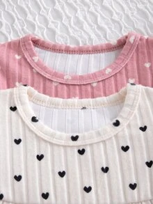 SHEIN Baby Girl Autumn 4-Piece Set | Cute Heart Pink & Apricot Heart Ruffle Long Sleeve Top + Pants, Casual Parent-Child Matching - Multicolor - View 6