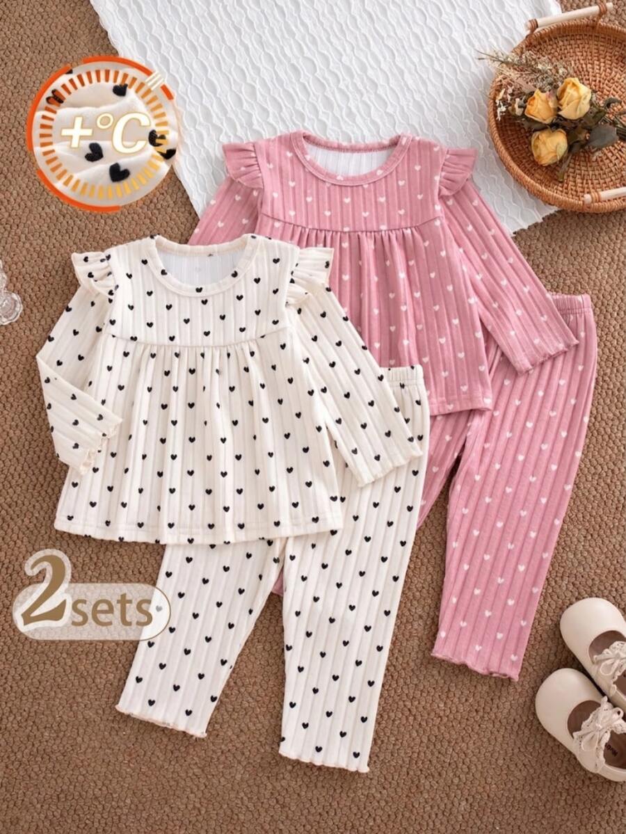 SHEIN Baby Girl Autumn 4-Piece Set | Cute Heart Pink & Apricot Heart Ruffle Long Sleeve Top + Pants, Casual Parent-Child Matching - Multicolor - View 1