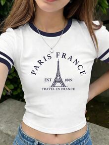 少女休闲简约时尚经典巴黎埃菲尔铁塔图案T恤，印有“PARIS FRANCE 1889”英文字样，黑白撞色设计，圆领短袖高腰露脐常规款T恤，适合夏季穿着 - 彩色 - 查看 3