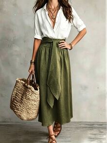 SHEIN Franclia 女款夏季法式時尚高腰收腰長款綠色休閒裙 - 綠色 - 查看 3