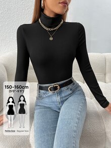 SHEIN PETITE Solid Turtleneck Slim Fit Spring Women Bodysuit ,Petite Women - Black - View 4