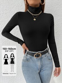 SHEIN PETITE Solid Turtleneck Slim Fit Spring Women Bodysuit ,Petite Women - Black - View 5