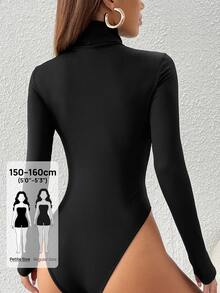 SHEIN PETITE Solid Turtleneck Slim Fit Spring Women Bodysuit ,Petite Women - Black - View 2